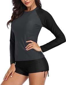 Protector contra sarpullidos de manga completa para mujer, superventas, dos tonos, diseño negro y gris, ligero, de secado rápido, ropa deportiva, protector contra sarpullidos a la venta - Product Image 3
