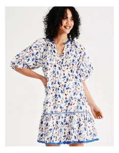 Handcrafted Hot Cotton Printed Short Sleeves Regular Fit O-<b>neck</b> <b>Tie</b> up at Neckline All-over Floral Print Outdoor Leisure - Product Image 2