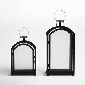 Linterna Luz de noche Portavelas Linterna de piso Mediados de siglo Linterna moderna Recubierto de metal Elegante Negro Iluminación de camping - Product Image 2