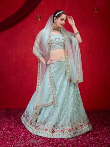 ชุดเลเฮนกาโชลีงานแต่งงานแบบกึ่งสำเร็จรูป คอวี แขนกุด ผ้าจอร์เจตต์สีเขียวอ่อนธรรมชาติ พร้อมผ้าคลุมไหล่ ระบายอากาศได้ดี จากเทรนด์มอลส์ - Product Image 5