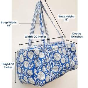 Sac de voyage sport léger et durable en coton de grande capacité, facile à transporter, machine matelassée avec fermeture éclair, imprimé floral indigo - Product Image 4
