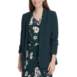 Blazer Verde da Donna DKNY Taglia 8 con Apertura Frontale, Maniche Arricciate e Stampa Ricamata con Tecnica Decorativa Intrecciata - Product Image 1