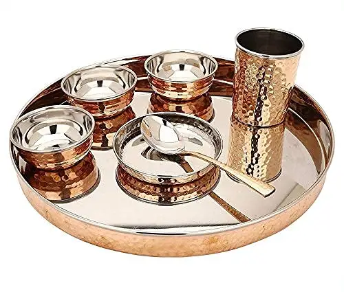Vaisselle indienne en acier inoxydable cuivre service de table traditionnel de Thali assiettes/bols/verre et cuillère au prix de gros roi