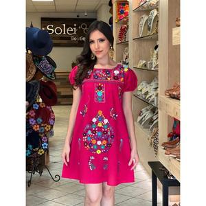 Robe maxi mexicaine brodée bleue pour femmes, motif floral ethnique bohème, été, taille naturelle, lavable - Product Image 4