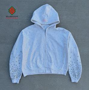 <b>Black</b> & White Rhinestone Zip-Up <b>Hoodie</b> Oversized Crystal Streetwear 100% Cotton Winter Breathable Windproof Knitted - Product Image 2