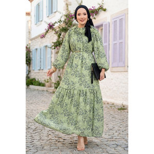 Vestido Hijab de Chifón con Estampado Floral y Cintura Imperio, Diseño con Pliegues Delanteros y Detalle de Moda - Product Image 1