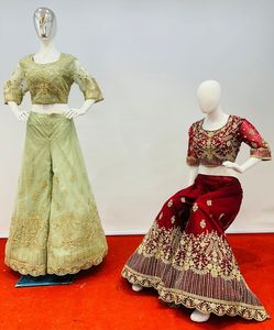 Pakistani Bridal <b>Cot</b> Suit Embroidered Lehenga Choli Net Fabric Heavy Stone Design Ken Ken Plazo Dupatta Blazer-9 Vibrant Colors - Product Image 3