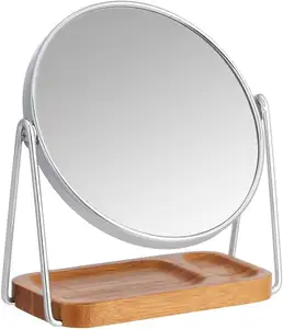 装饰铁圆镜，带木质底座，用于餐桌装饰金属折叠照明化妆品双面镀铬