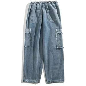 Custom Men's Y2K Loose Raw Edge Enzyme Washed 100% Cotton Pantalones vaqueros de cintura media Medium Black para primavera Botón de mezclilla transpirable para - Product Image 4