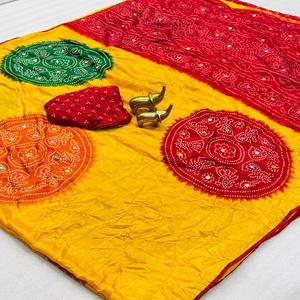 Sari Bandhani de Diseño de Calidad de Exportación, Sari de Muselina Suave con Bordado de Espejo, para Mujer, en Existencia, Hecho en India, Disponible al Mejor Precio - Product Image 1