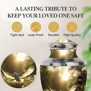 Urne funéraire en aluminium fabriquée à la main Finition enduite Meena Grande capacité de 220 cu Urnes funéraires gravées d'oiseaux dorés de qualité supérieure - Product Image 3
