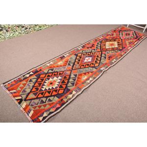 Alfombra Turca Vintage de 2.7x11.8 pies, Alfombra de Lana Kilim con Borde Naranja - Product Image 2