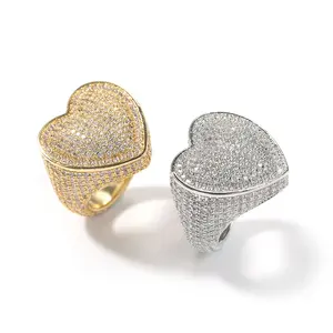 Anillo de Corazón de Lujo con 5 Circonitas para Hombre y Mujer, Chapado en Oro Real de 18k, Joyería Hiphop, Tendencia de Moda - Product Image 1
