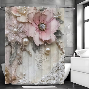 Rideau de douche imprimé floral et perlé vintage Rideau de douche imperméable décoratif pour salle de bain avec crochets - Product Image 1