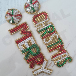 Pendientes con cuentas de diseñador para mujer Feliz Navidad en colores patrióticos naranja blanco azul boda Material de tela adecuado - Product Image 1