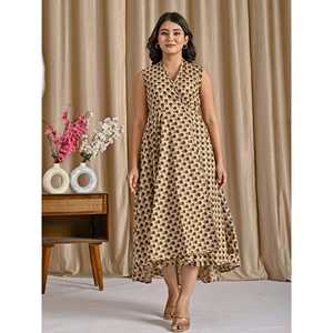 Vestido beige y negro de algodón estampado con diseño de buti, de corte asimétrico, casual y elegante, talla XS, muy transpirable, con caída natural y drapeado, ideal para el día a día o para salir a discoteca. - Product Image 3