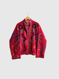 Red Full Sleeve Plus Size Floral Embroidered Velvet Jacket Mandarin Collar Women'<b>s</b> Autumn Wear - Product Image 1