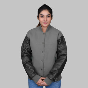 Varsity <b>Jacket</b> Melton Wool and Genuine Leather Custom Varsity <b>Jacket</b> Grey and <b>Black</b> - Product Image 1