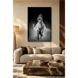 Cheval gris Fida courant devant un bétail sur fond noir, impression sur toile - Product Image 1