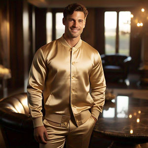 Haute qualité Satin soie Bomber veste hommes col rond boutonné 100% Nylon Satin veste hommes - Product Image 6