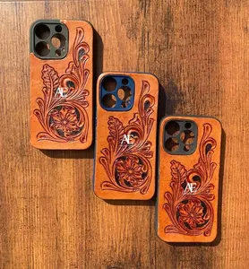 New Arrival Stylish Hand Tooled Leather Phone Case Personalized Vintage Luxury High Quality Phone 14 Pro/15 Pro Mobile Covers