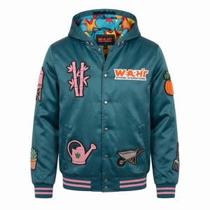 Blouson Bomber en Satin à Capuche pour Homme, Teal Rose, avec Patch Chenille Gnome de Jardin, Doublure par Sublimation, Logo Personnalisé, OEM - Product Image 1