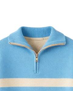 Suéter de Punto Personalizado para Hombre, con Cierre de Cremallera de un Cuarto, Color Azul Cielo y Rayas, Tejido Suave, Cálido, Informal, para Invierno, OEM Personalizado - Product Image 6