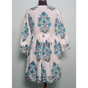 ชุดเดรสทำงานผู้หญิง ผ้าฝ้าย 100% ลายพิมพ์ดอกไม้แบบแฮนด์บล็อก แขนพองสามส่วน ความยาวระดับเข่า สวมใส่สบาย - Product Image 5