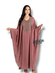 Robe de soirée longue A-line modeste AWAIS HOUSE à manches longues pour femmes, ornée de perles, 100% polyester, en mousseline, col en V, simple - Product Image 4