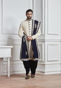 NEW INDO-WESTERN SHERWANI WITH STOLE DRESS on VELVET FABRIC WITH GOLD ZARDOZI EMBROIDERY & MATCHING SHOE for WEDDING Dress @2022 - Product Image 2