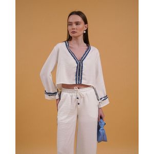 Camisa de Lino para Mujer TOPSHOW con Detalle de Rayas Vaqueras - Blusa de Algodón y Poliéster al por Mayor para Uso Casual - Product Image 4