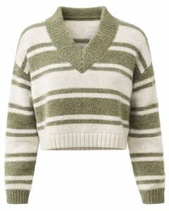 Customized Green Striped Women V Neck Crop Sweater Soft Knit Long Sleeve Winter Casual Fashion Pullover Jumper For Wholesale - Product Image 1