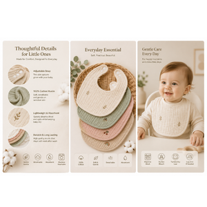 Bavoirs pour bébé en mousseline de coton 4 couches - 100% coton, doux et absorbant, pour la bave et la dentition, avec boutons-pression réglables et broderie feuille - Product Image 1