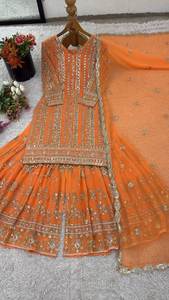 Faux Georgette Avec Broderie Séquence Travail Avec Rivet Moti Travail Et Dentelle Bordure Top Palazzo Dupatta Ensemble Robe Traditionnelle - Product Image 3