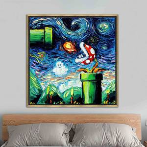 Mario World Starry Night Canvas Art : Décoration murale imprimée Van Gogh, TOILE ENCARTÉCHÉE DORÉE - Product Image 1