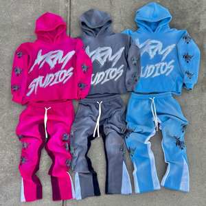 Meilleure qualité personnalisée 100% coton bouffée impression unisexe Streetwear grande taille hommes sweats à capuche évasés pantalons de survêtement survêtement ensemble été - Product Image 1