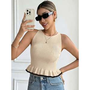 Women's Breathable Crocheted <b>Knit</b> <b>Tank</b> <b>Top</b> with Contrast Trim-Trendy Summer Vest - Product Image 1
