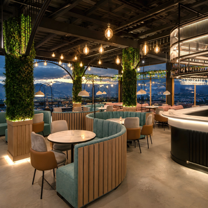 ชุดเฟอร์นิเจอร์ร้านอาหารบนดาดฟ้าโรงแรม โซฟาแบบยาว โต๊ะรับประทานอาหารหน้าท็อปหินอ่อนและเก้าอี้ คาเฟ่ โต๊ะบูธทรงตัว <span class=keywords><strong>S</strong></span> - Product Image 1