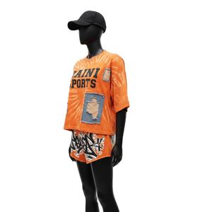 Ensemble t-shirt et short pour femme, jersey de coton 200 GSM, tie-dye orange, empiècements en denim, logo imprimé, ensembles personnalisés pour femmes - Product Image 3