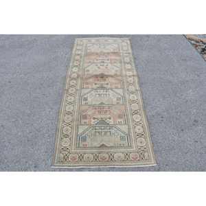 Tapis turc Vintage classique Beige bleu Patchwork Design 2,9 X 6,6ft laine tissée salon tapis Rectangle Puzzle motif Latex - Product Image 1