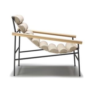 Indoor Lounge Armchair, <b>Painted</b> Metal Frame, Oak Armrests, Upholstered Fabric Seat - Product Image 1