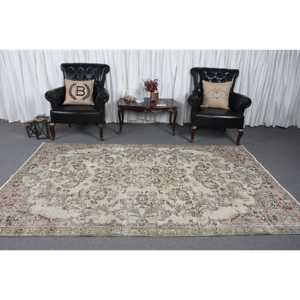 พรมตุรกี ขนาด 5.4x9.1 ฟุต พรมวินเทจ สีเขียวชมพูลายจุด พรมขนสัตว์ - Product Image 2