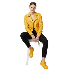 Blouson de moto en cuir jaune pour femme, taille personnalisée, étiquette en gros, prix d'usine, style motard authentique, manteau tendance pour femme - Product Image 1