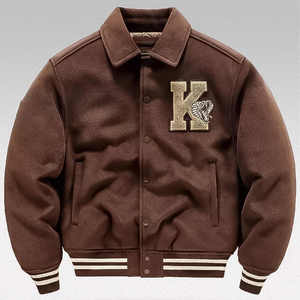Chaqueta Varsity de Gamuza Marrón para Hombre con Logotipo K Bordado, Cuello Camisero, Ropa Casual de Otoño - Product Image 1