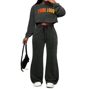 Ensemble survêtement femme avec logo personnalisé, sweat-shirt court surdimensionné et jogging, taille plus, ensemble 2 pièces, sweat-shirt délavé - Product Image 1