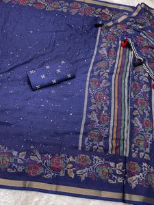 Sari de algodón Mul para mujer con lentejuelas y bordado de hilo, diseño completo estilo Kashmiri con borde de jacquard Zari y Pallu, hecho en India. - Product Image 5