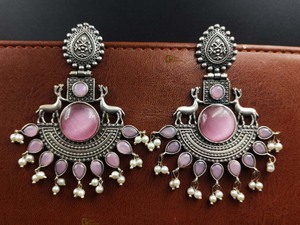 <b>Silver</b> Replica Earring Light Weight Deer Earrings Premium Design Sliver Replica Oxidized Monalisa Stone Casual Party Wear - Product Image 5