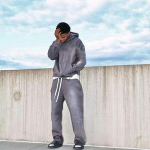 Survêtement deux pièces surdimensionné personnalisé délavé à l'acide pour hommes patchs de lettres vintage en détresse brodés 100% coton hiver - Product Image 2