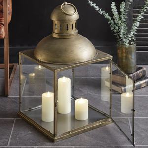 Latest Floor Decorative Large <b>Square</b> Shape Brass Antique <b>Candle</b> Pillar Holder Lantern with Tempered Glass - Product Image 5