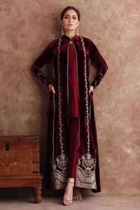 NEW KURTA & PANT WITH <b>JACKET</b> ON VELVET FABRIC EMBELLISH CRYSTAL GLASS BEADS, DABKA WORK for Party-WEAR @ 2022 - Product Image 2